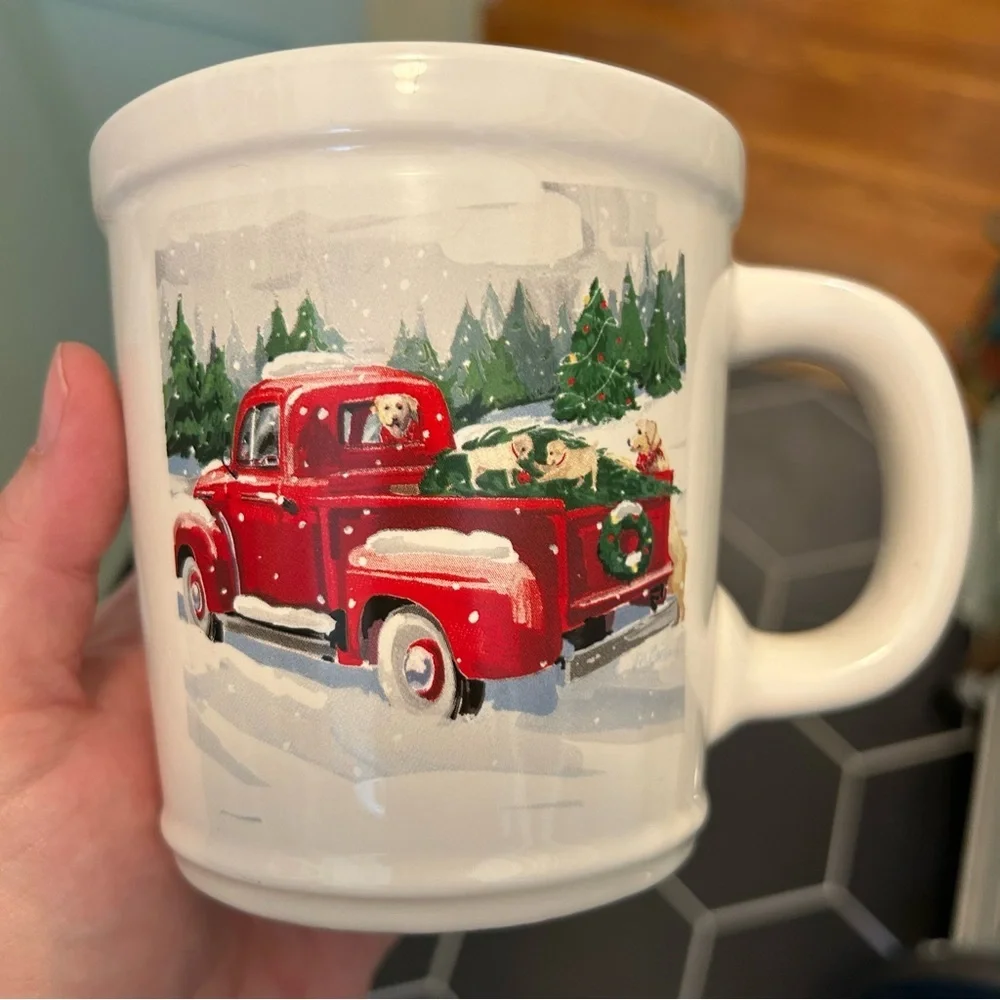 Magenta Large Mug Holiday Christmas Truck Tree Dogs white red green coffee tea